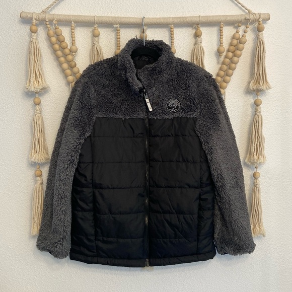 Gerry black nylon puffer coat with grey sherpa sleeves and neck medium 10/12 - Picture 2 of 15